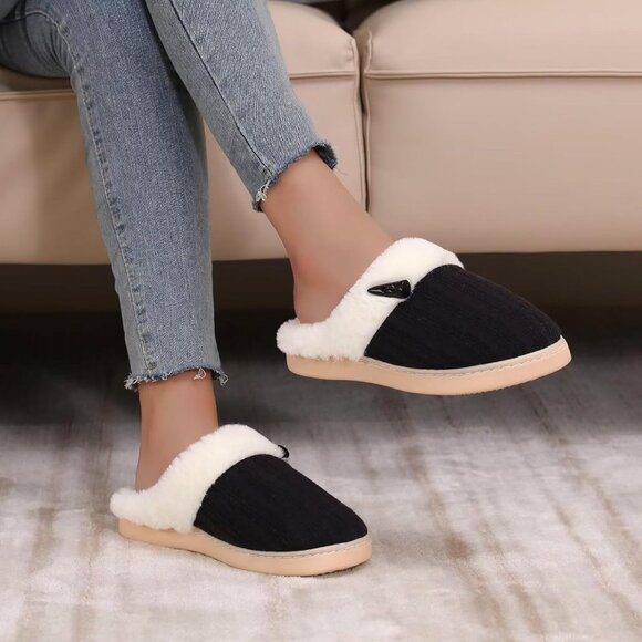 Women's Black Scuff Fuzzy Faux Fur Lining Memory Foam Warm Plush Slippers Shoes - Picture 7 of 9
